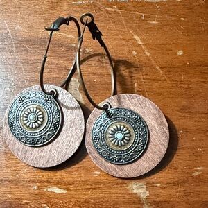 Boho Wood and Antique Brass Medallion Hoop Earrings - Brown & Brass